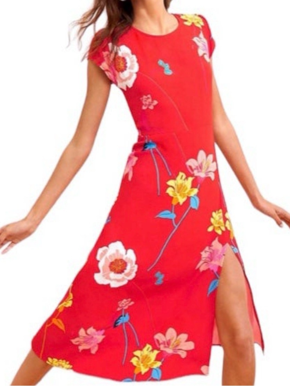 Loft Plus Size 26 Summer Dress Red-orange Floral Cap Sleeve Crepe Midi Back zip